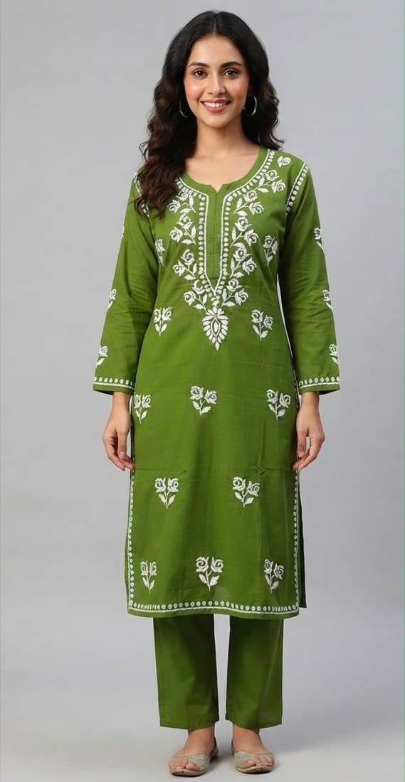 Woman in a mehendi-green cotton chikankari kurta and matching pants