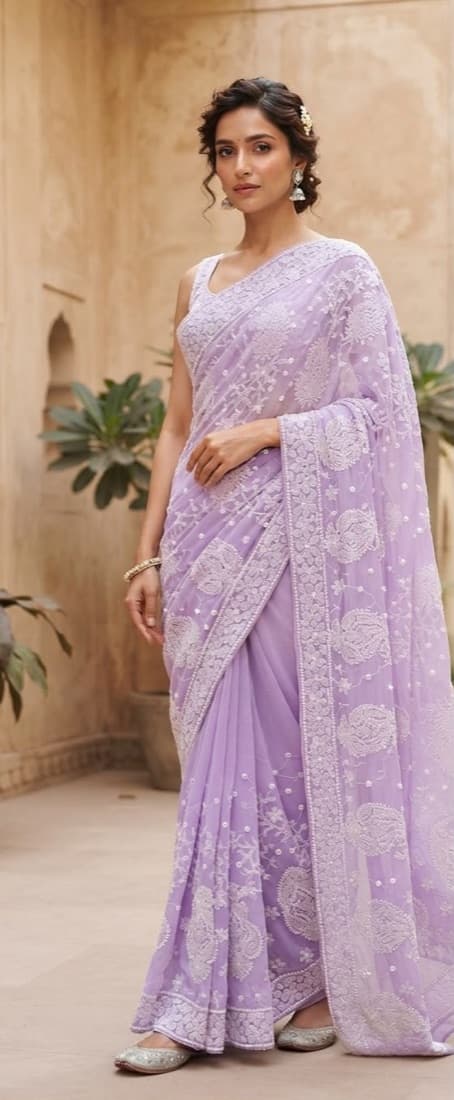 Woman in a lavender full hand-work chikankari saree
