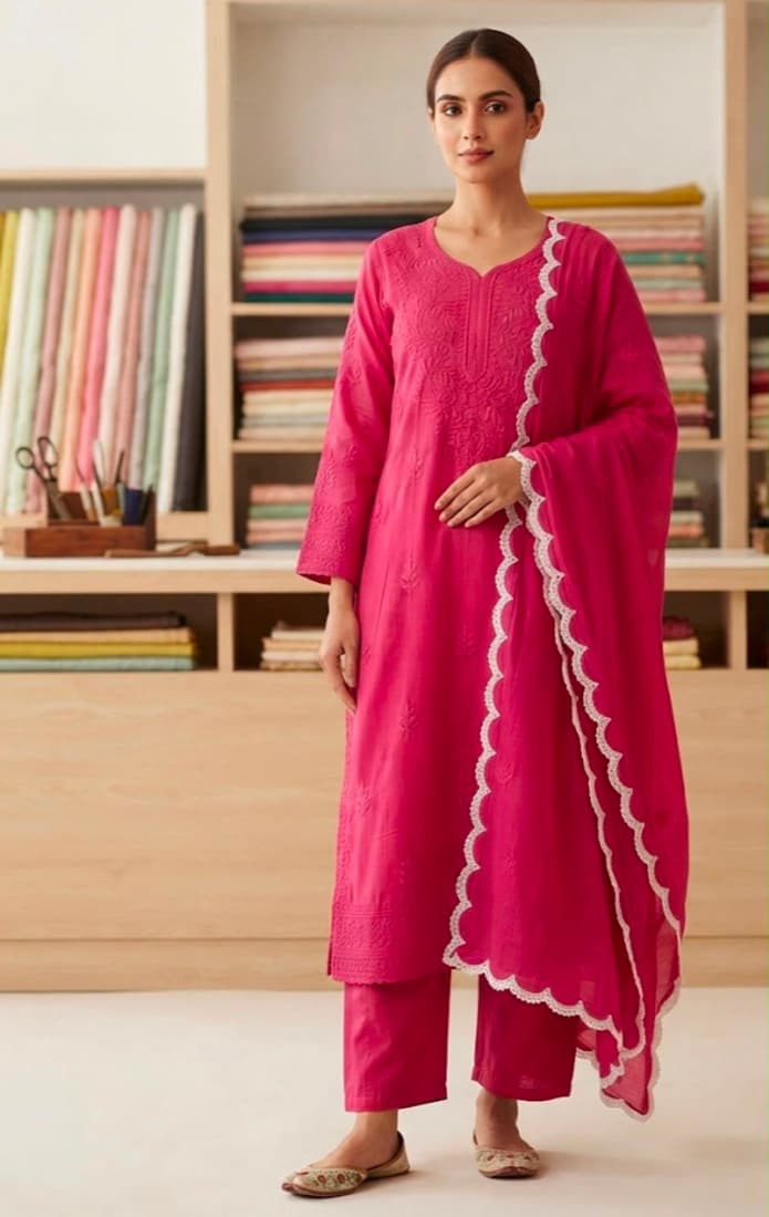 Rose Scalloped Dupatta Set — Cotton · kurta + pant + dupatta