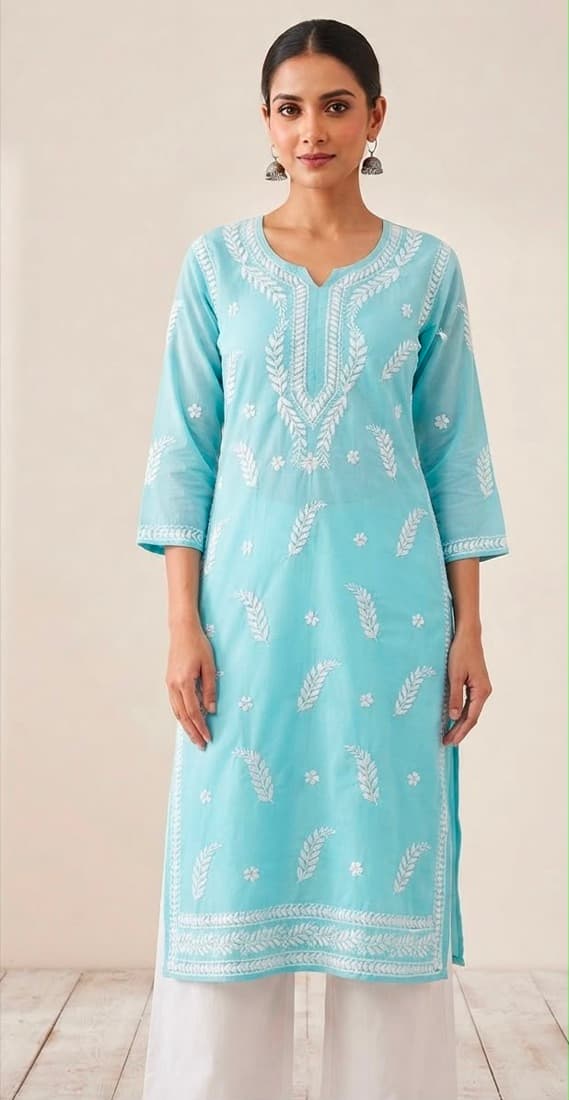 Sky Blue Chikan Kurta — Cotton · straight kurta