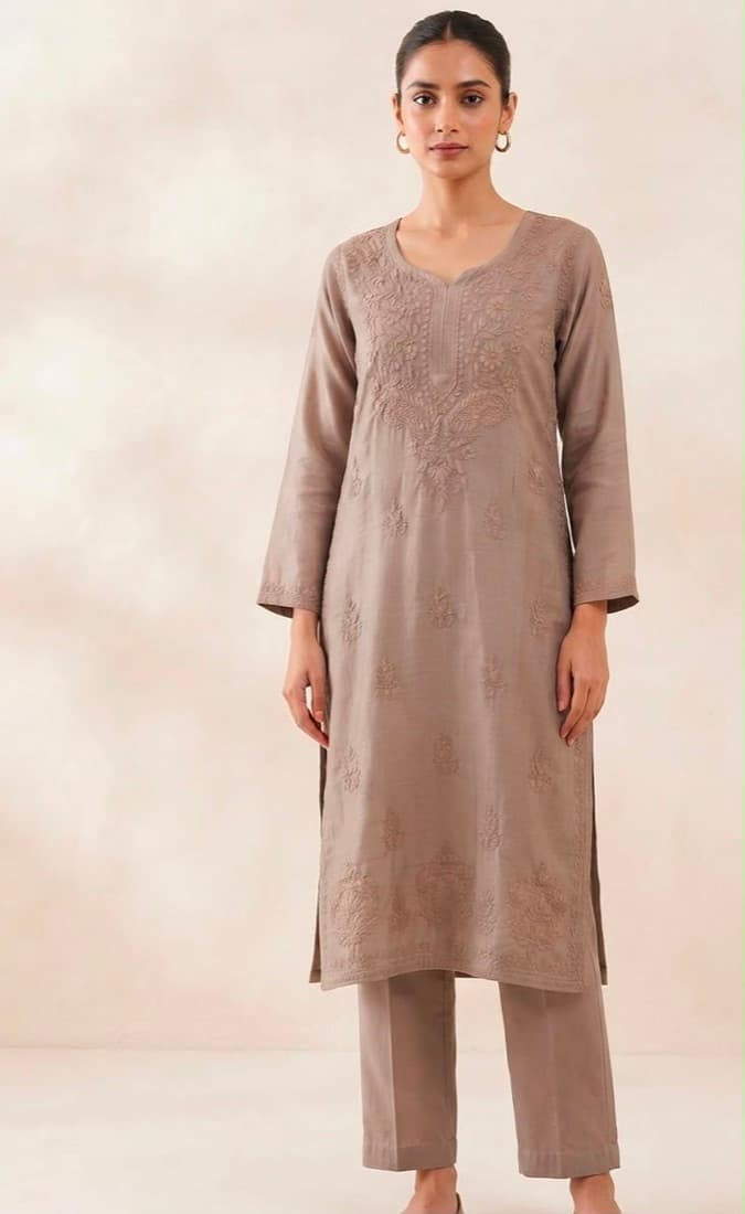 Taupe Tone-on-Tone Set — Cotton · self-colour chikan