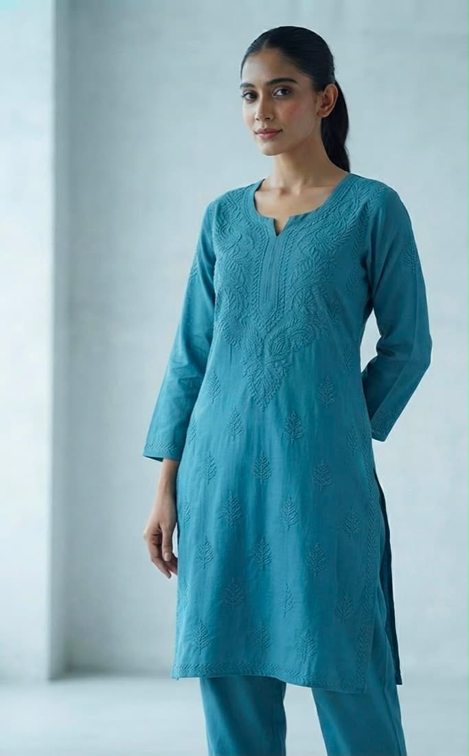 Teal Tone-on-Tone Set — Cotton · self-colour chikan