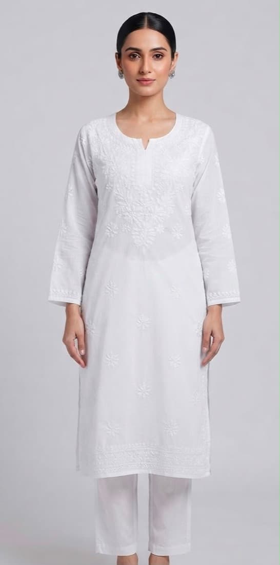 Ivory White Chikan Kurta — Cotton · straight kurta