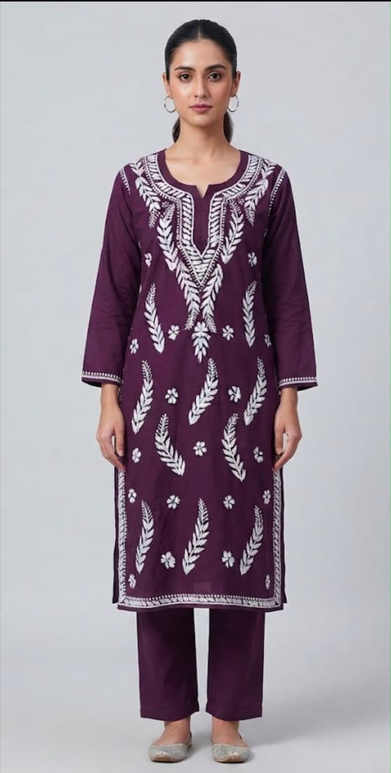 Wine Chikan Kurta Set — Cotton · kurta + pant