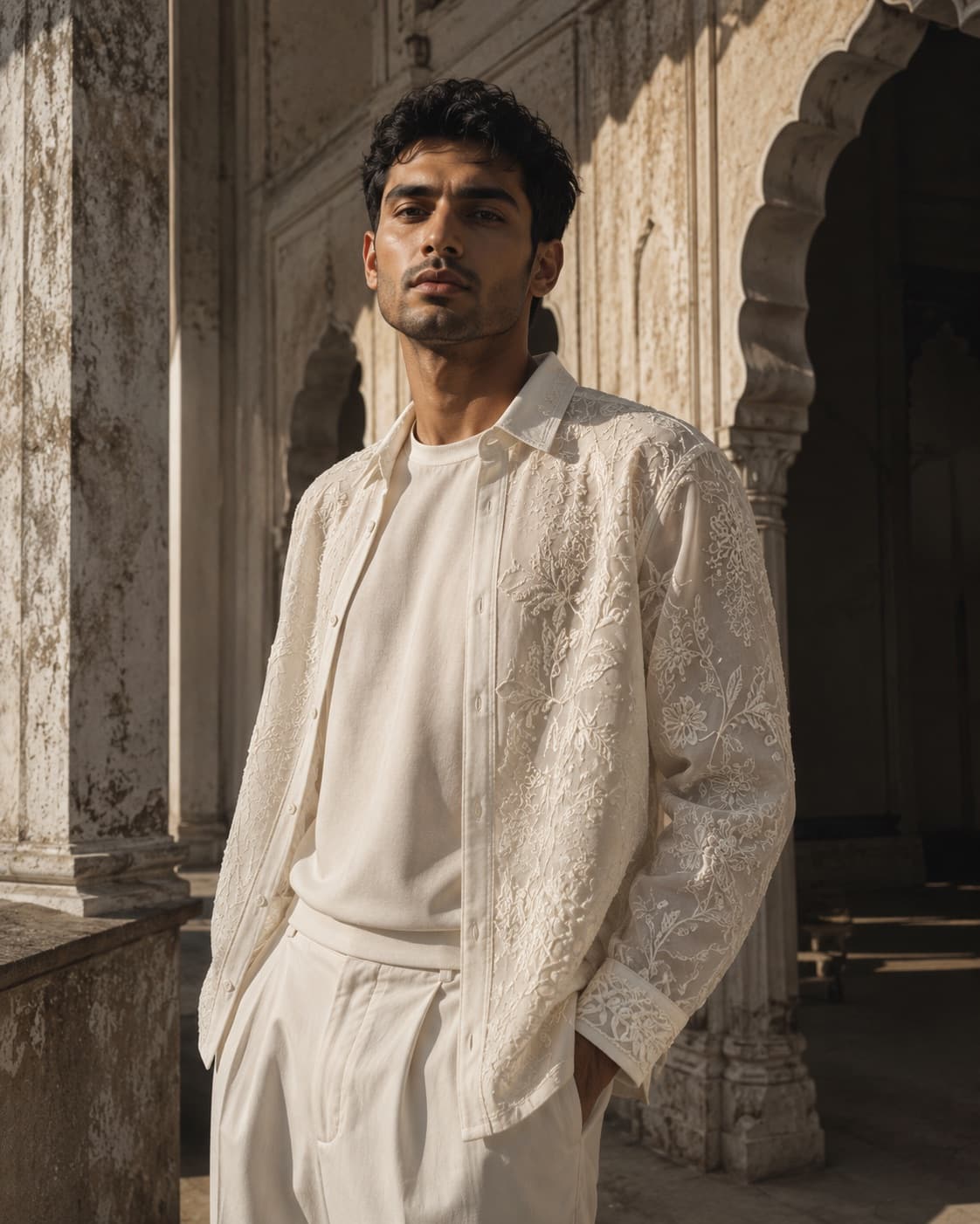 Woman wearing an ivory hand-embroidered chikankari overshirt and wide-leg trousers in a sunlit courtyard