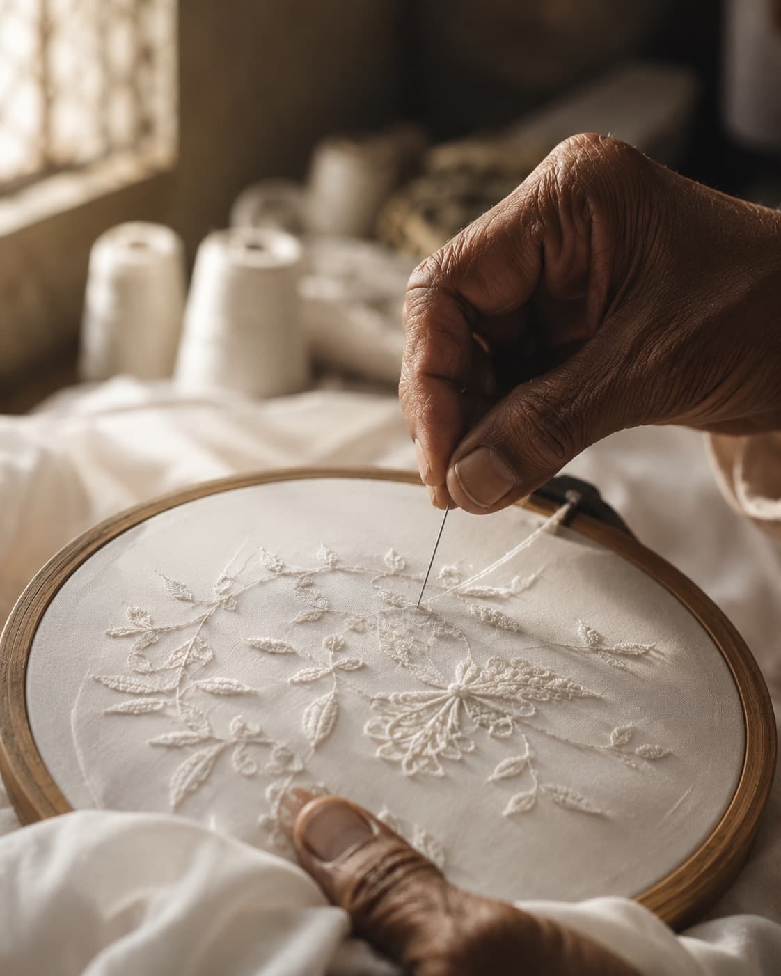 Close-up of a woman karigar's hands embroidering white thread on cotton stretched in a wooden hoop
