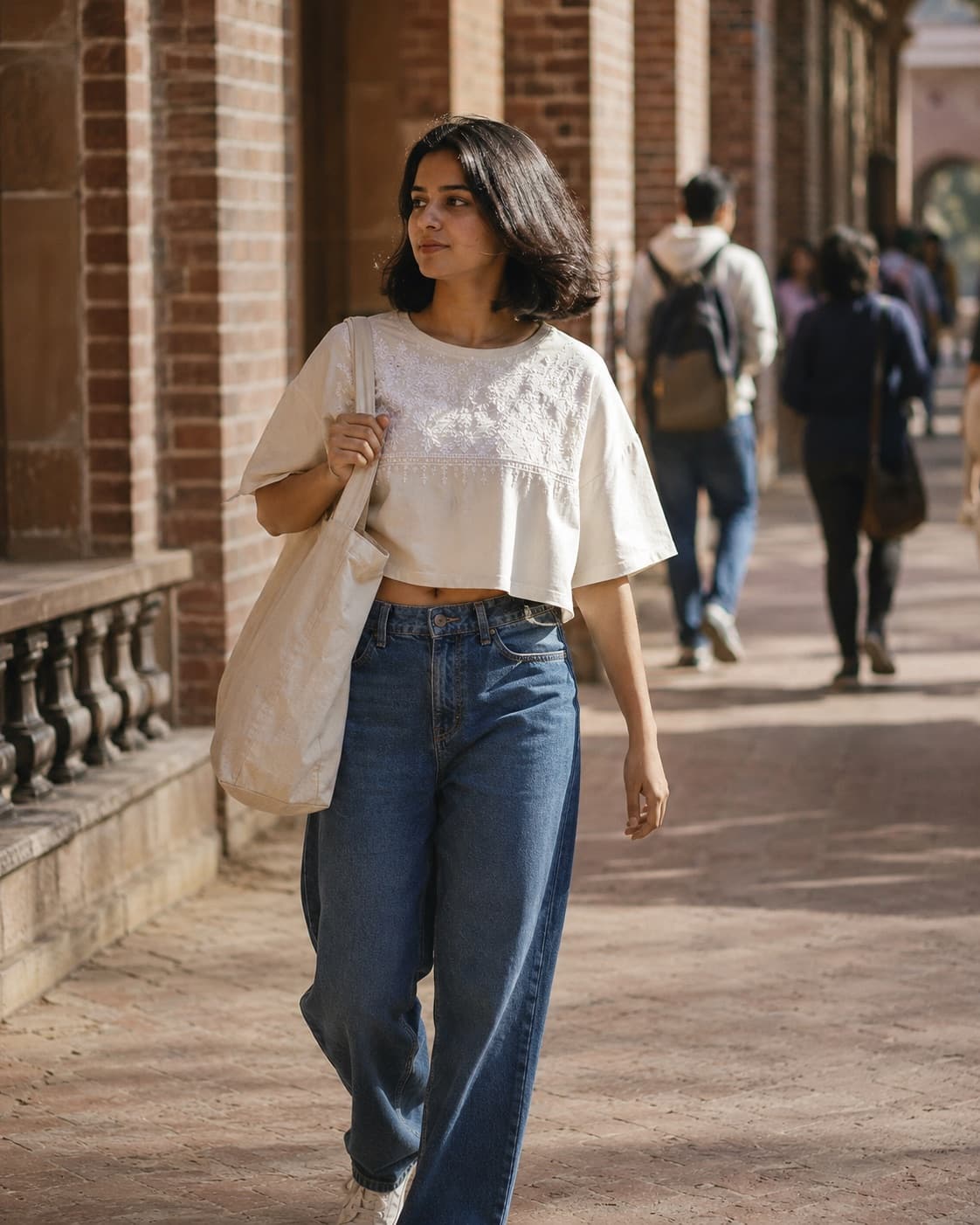 Woman in an oversized cropped chikankari tee and loose jeans crossing a college campus