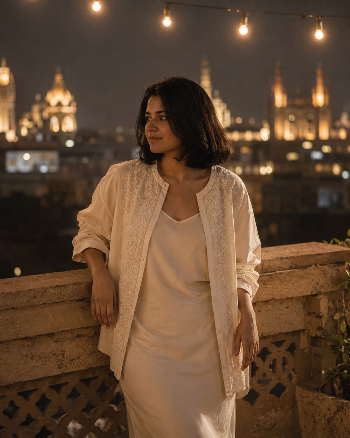 Woman wearing a hand-embroidered chikankari overshirt open over a slip at night